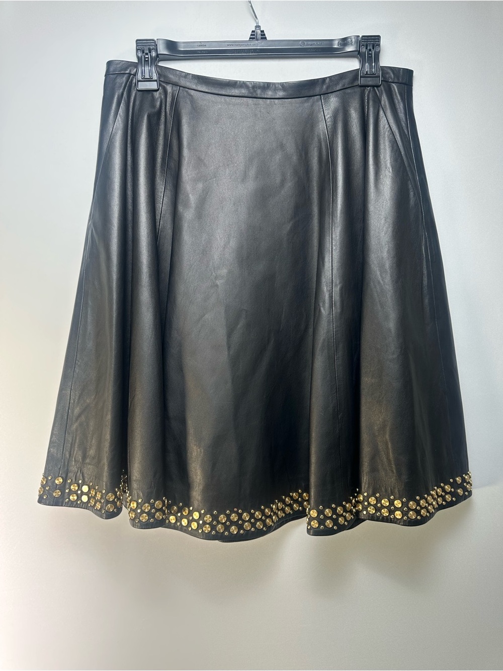 Tamara Mellon Black Leather A-Line Skirt with Gold Stud Trim